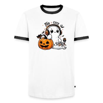 cooler Geist mit Kopfhörern und Halloween Kürbis - Männer Kontrast-T-Shirt - Weiß/Schwarz - Vorne - AI Model Female 172 light (172cm) & AI Model Male 178 dark (178cm)