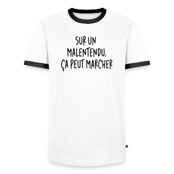 Michel Blanc - Les Bronzés - Sur un malentendu - T-shirt contrasté Homme - blanc/noir - Devant - AI Model Female 172 light (172cm) & AI Model Male 178 dark (178cm)