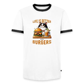 Life is better with Burgers - fat cat - Men's Ringer Shirt - white/black - Front - AI Model Female 172 light (172cm) & AI Model Male 178 dark (178cm)