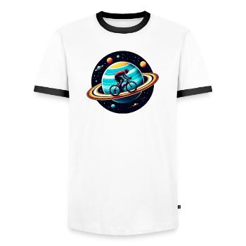 Radfahrer auf dem Saturn - Männer Kontrast-T-Shirt - Weiß/Schwarz - Vorne - AI Model Female 172 light (172cm) & AI Model Male 178 dark (178cm)