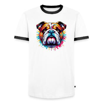 English Bulldog Dog - Men's Ringer Shirt - white/black - Front - AI Model Female 172 light (172cm) & AI Model Male 178 dark (178cm)