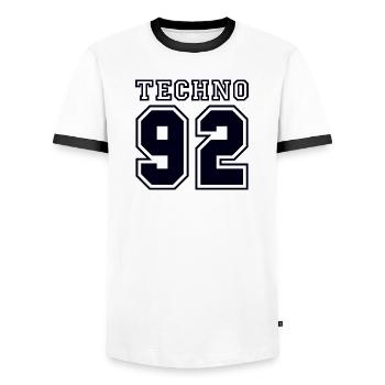 TECHNO 92 - Men's Ringer Shirt - white/black - Front - AI Model Female 172 light (172cm) & AI Model Male 178 dark (178cm)