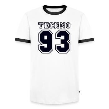TECHNO 93 - Men's Ringer Shirt - white/black - Front - AI Model Female 172 light (172cm) & AI Model Male 178 dark (178cm)