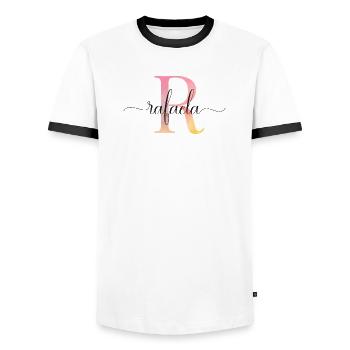 L | Monogramme | Nom | Rafaela |Aquarelle - T-shirt contrasté Homme - blanc/noir - Devant - AI Model Female 172 light (172cm) & AI Model Male 178 dark (178cm)