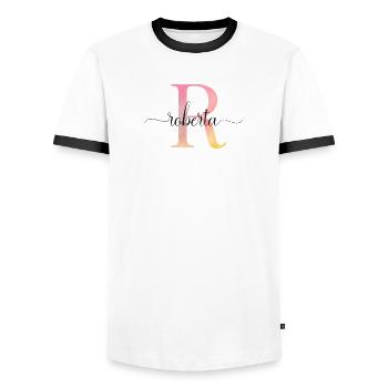 L | Monogramme | Nom | Roberta |Aquarelle - T-shirt contrasté Homme - blanc/noir - Devant - AI Model Female 172 light (172cm) & AI Model Male 178 dark (178cm)