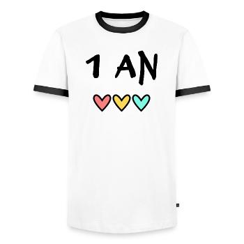 1. 1 year. 1st ANNIVERSARY. 1 YEAR ANNIVERSARY - Men's Ringer Shirt - white/black - Front - AI Model Female 172 light (172cm) & AI Model Male 178 dark (178cm)