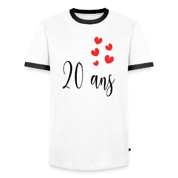 20. 20th ANNIVERSARY. 20 YEARS ANNIVERSARY. 20 YEARS. - Men's Ringer Shirt - white/black - Front - AI Model Female 172 light (172cm) & AI Model Male 178 dark (178cm)