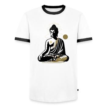 Buddha in the Lotus Position – Meditation and Inner Peace - Men's Ringer Shirt - white/black - Front - AI Model Female 172 light (172cm) & AI Model Male 178 dark (178cm)