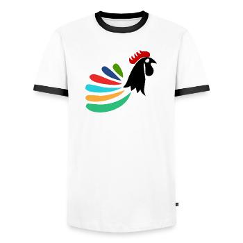 ROOSTER. HORSE. HEN. ROOSTER. ANIMAL. BIRD. UNICORN. - Men's Ringer Shirt - white/black - Front - AI Model Female 172 light (172cm) & AI Model Male 178 dark (178cm)