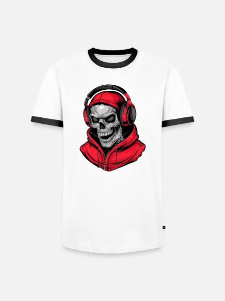 Dødningehoved i rød hættetrøje med hovedtelefoner - Herre kontrast-T-shirt - hvid/sort