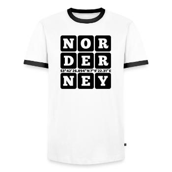 Norderney GPS Coordinates - Men's Ringer Shirt - white/black - Front - AI Model Female 172 light (172cm) & AI Model Male 178 dark (178cm)