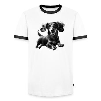 Teckel joyeux en saut - portrait en noir et blanc - T-shirt contrasté Homme - blanc/noir - Devant - AI Model Female 172 light (172cm) & AI Model Male 178 dark (178cm)