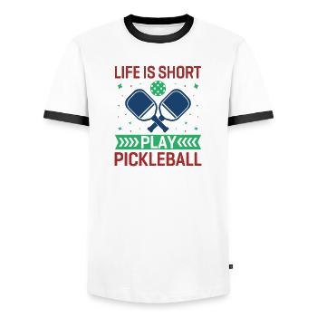 La vie est courte, jouez au pickleball - T-shirt contrasté Homme - blanc/noir - Devant - AI Model Female 172 light (172cm) & AI Model Male 178 dark (178cm)
