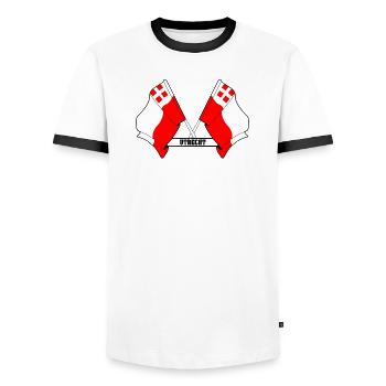 Two flags text UTRECHT - Men's Ringer Shirt - white/black - Front - AI Model Female 172 light (172cm) & AI Model Male 178 dark (178cm)