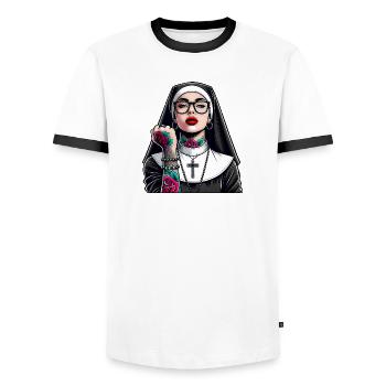 Nonne mit Tattoo - Männer Kontrast-T-Shirt - Weiß/Schwarz - Vorne - AI Model Female 172 light (172cm) & AI Model Male 178 dark (178cm)