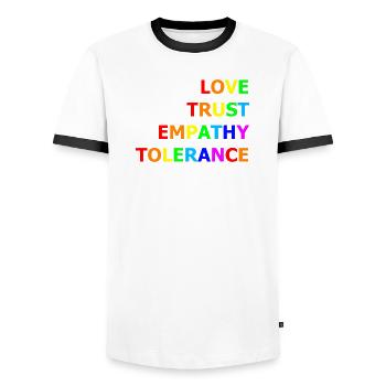 Values_1 - Männer Kontrast-T-Shirt - Weiß/Schwarz - Vorne - AI Model Female 172 light (172cm) & AI Model Male 178 dark (178cm)