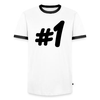 Number 1 # - Men's Ringer Shirt - white/black - Front - AI Model Female 172 light (172cm) & AI Model Male 178 dark (178cm)