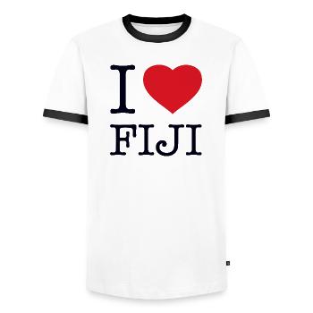 I LOVE FIJI - Men's Ringer Shirt - white/black - Front - AI Model Female 172 light (172cm) & AI Model Male 178 dark (178cm)