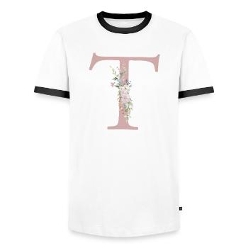 T Monogram, Floral, Personalizable - Men's Ringer Shirt - white/black - Front - AI Model Female 172 light (172cm) & AI Model Male 178 dark (178cm)