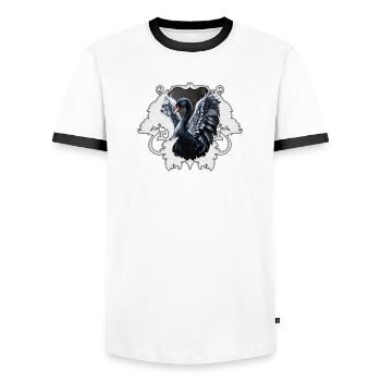 In the shadow of elegance: A black swan. - Men's Ringer Shirt - white/black - Front - AI Model Female 172 light (172cm) & AI Model Male 178 dark (178cm)
