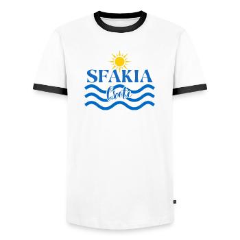 Sun and Waves SFAKIA T-Shirt Design - Men's Ringer Shirt - white/black - Front - AI Model Female 172 light (172cm) & AI Model Male 178 dark (178cm)