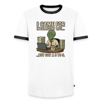 Alien Extra-Terrestrial with Humor - Beam me up - Men's Ringer Shirt - white/black - Front - AI Model Female 172 light (172cm) & AI Model Male 178 dark (178cm)