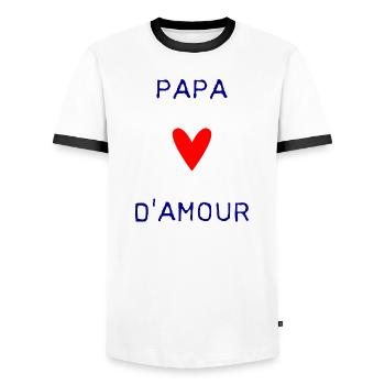 HAPPY FATHER'S DAY. DAD. FATHER'S DAY. FATHER - Men's Ringer Shirt - white/black - Front - AI Model Female 172 light (172cm) & AI Model Male 178 dark (178cm)