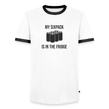 My six-pack? It's in the fridge! - Men's Ringer Shirt - white/black - Front - AI Model Female 172 light (172cm) & AI Model Male 178 dark (178cm)
