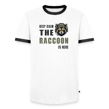 Keep Calm Raccoon Is Here - Männer Kontrast-T-Shirt - Weiß/Schwarz - Vorne - AI Model Female 172 light (172cm) & AI Model Male 178 dark (178cm)