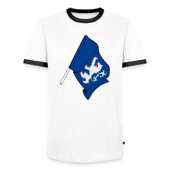 Halland, Schweden – Stolz auf die Flagge - Männer Kontrast-T-Shirt - Weiß/Schwarz - Vorne - AI Model Female 172 light (172cm) & AI Model Male 178 dark (178cm)