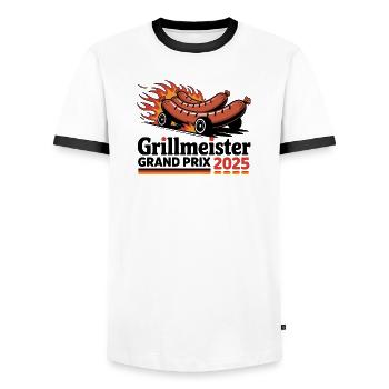 Grillmeister Grand Prix Bratwurst Racing BBQ - T-shirt contrasté Homme - blanc/noir - Devant - AI Model Female 172 light (172cm) & AI Model Male 178 dark (178cm)