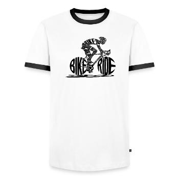 BIKE RIDE Text T-Shirt mit Radfahrer-Silhouette - Männer Kontrast-T-Shirt - Weiß/Schwarz - Vorne - AI Model Female 172 light (172cm) & AI Model Male 178 dark (178cm)