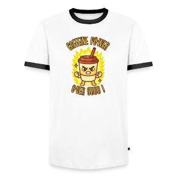KOFFEIN POWER ÜBER 9000! - Kawaii-Manga-Humor - Männer Kontrast-T-Shirt - Weiß/Schwarz - Vorne - AI Model Female 172 light (172cm) & AI Model Male 178 dark (178cm)