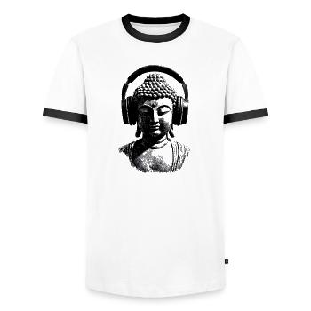 Buddha mit Kopfhörern Achtsamkeit Musik Boho Zen - Männer Kontrast-T-Shirt - Weiß/Schwarz - Vorne - AI Model Female 172 light (172cm) & AI Model Male 178 dark (178cm)