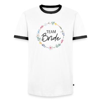Team Bride! Personalisierbar, Blumen-Kranz - Männer Kontrast-T-Shirt - Weiß/Schwarz - Vorne - AI Model Female 172 light (172cm) & AI Model Male 178 dark (178cm)