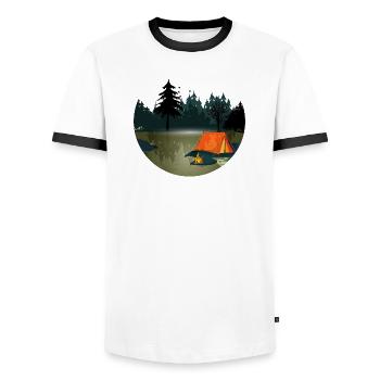 Tent and campfire in the dark forest - Men's Ringer Shirt - white/black - Front - AI Model Female 172 light (172cm) & AI Model Male 178 dark (178cm)