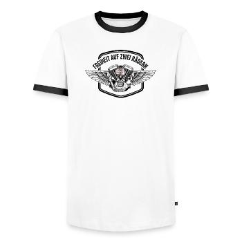 Freedom on two wheels - Men's Ringer Shirt - white/black - Front - AI Model Female 172 light (172cm) & AI Model Male 178 dark (178cm)