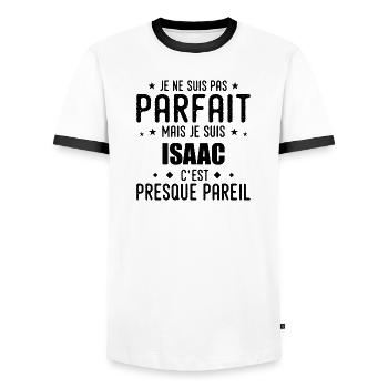 Isaac : authentique, imparfait, top, perfection - T-shirt contrasté Homme - blanc/noir - Devant - AI Model Female 172 light (172cm) & AI Model Male 178 dark (178cm)