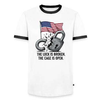 The cage is open - Men's Ringer Shirt - white/black - Front - AI Model Female 172 light (172cm) & AI Model Male 178 dark (178cm)