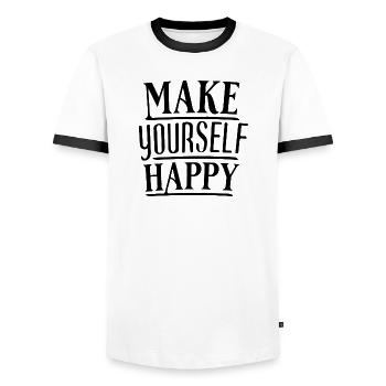 Make yourself happy Self-discovery & bliss - Men's Ringer Shirt - white/black - Front - AI Model Female 172 light (172cm) & AI Model Male 178 dark (178cm)