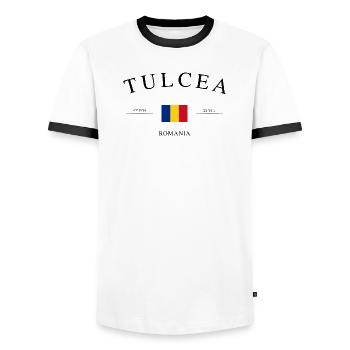 Tulcea Rumänien – Urlaub Souvenir & Geschenk - Männer Kontrast-T-Shirt - Weiß/Schwarz - Vorne - AI Model Female 172 light (172cm) & AI Model Male 178 dark (178cm)