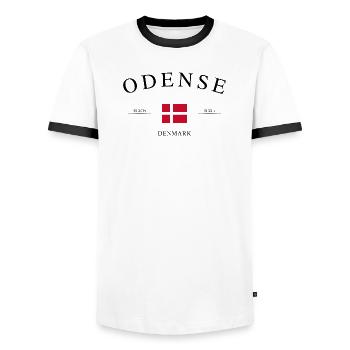 Odense, Denmark – Holiday Souvenir & Gift - Men's Ringer Shirt - white/black - Front - AI Model Female 172 light (172cm) & AI Model Male 178 dark (178cm)