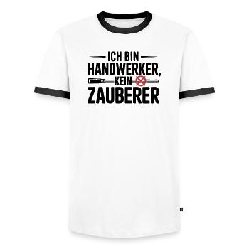 Ich bin Handwerker, kein Zauberer - Männer Kontrast-T-Shirt - Weiß/Schwarz - Vorne - AI Model Female 172 light (172cm) & AI Model Male 178 dark (178cm)
