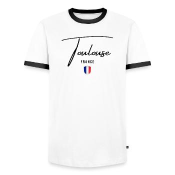 Elegant design by Toulouse, Toulouse France - Men's Ringer Shirt - white/black - Front - AI Model Female 172 light (172cm) & AI Model Male 178 dark (178cm)
