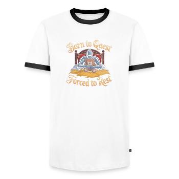 Born to Quest, forced to Rest - Funny Medieval Mem - Men's Ringer Shirt - white/black - Front - AI Model Female 172 light (172cm) & AI Model Male 178 dark (178cm)