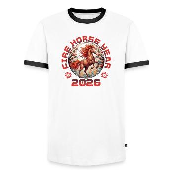 Nouvel An Chinois Année du Cheval de Feu 2026 - T-shirt contrasté Homme - blanc/noir - Devant - AI Model Female 172 light (172cm) & AI Model Male 178 dark (178cm)