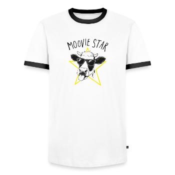 Moovie Star Wortspiel Kuh Illustration - Männer Kontrast-T-Shirt - Weiß/Schwarz - Vorne - AI Model Female 172 light (172cm) & AI Model Male 178 dark (178cm)