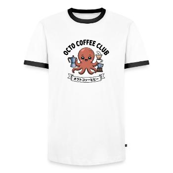 Octo Coffee Club - T-shirt drôle de pieuvre - T-shirt contrasté Homme - blanc/noir - Devant - AI Model Female 172 light (172cm) & AI Model Male 178 dark (178cm)