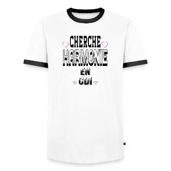 Suche nach Harmonie bei einem unbefristeten Vertrag - Männer Kontrast-T-Shirt - Weiß/Schwarz - Vorne - AI Model Female 172 light (172cm) & AI Model Male 178 dark (178cm)