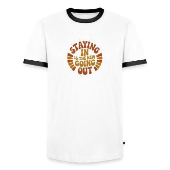 Retro 70s Staying In Is The New Going Out Badge - Men's Ringer Shirt - white/black - Front - AI Model Female 172 light (172cm) & AI Model Male 178 dark (178cm)
